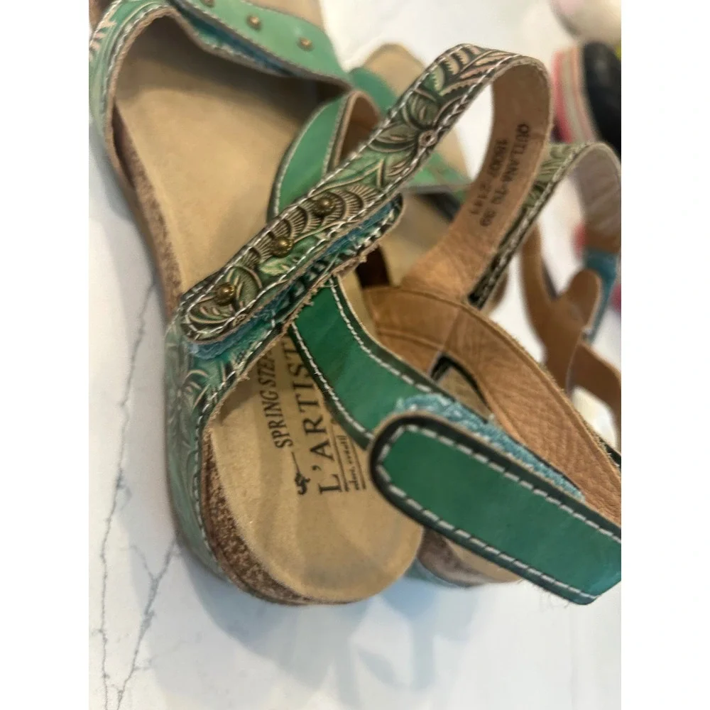 L'Artiste Quilana Sandals Green Leather Hand Painted Floral Wedge Boho Shoes 39